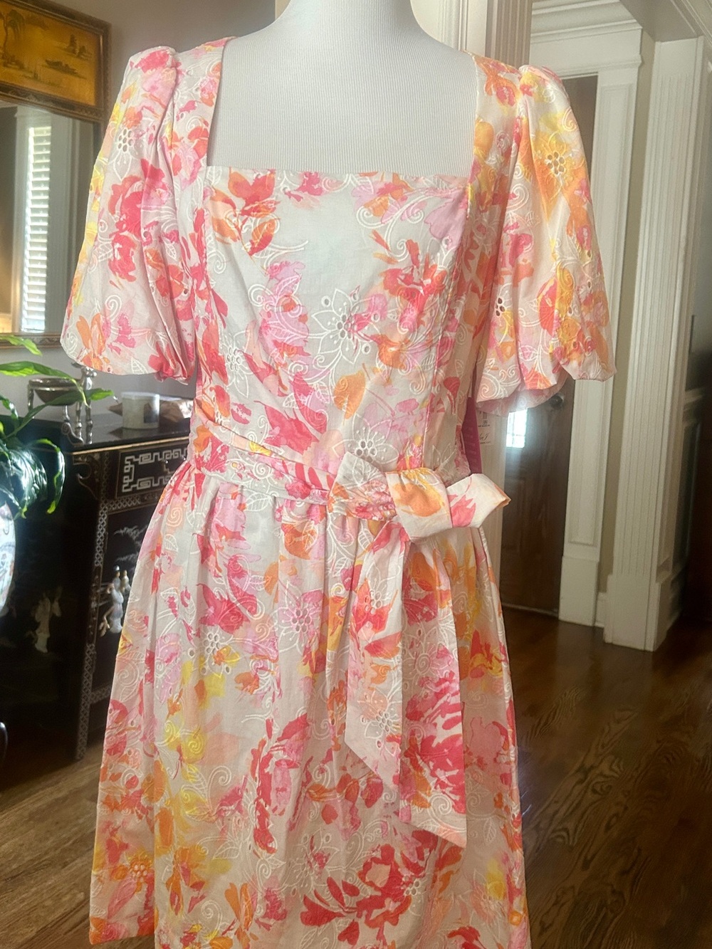 Eliza J Cream Midi Dress with Pink & Peach Floral Print